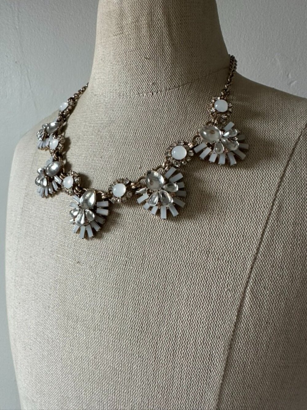 White Opal Crystal Statement Necklace Gold Tone Bib Cluster 18"